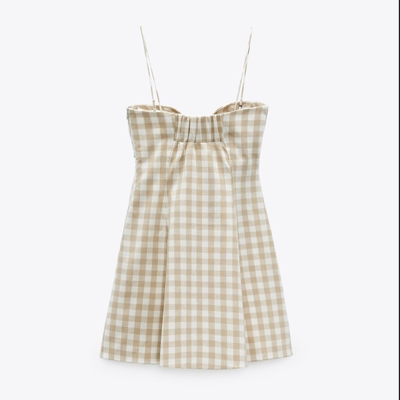 Zara Gingham Checked Linen Bustier Sweetheart Mini Dress Tan White S - Picture 2 of 12